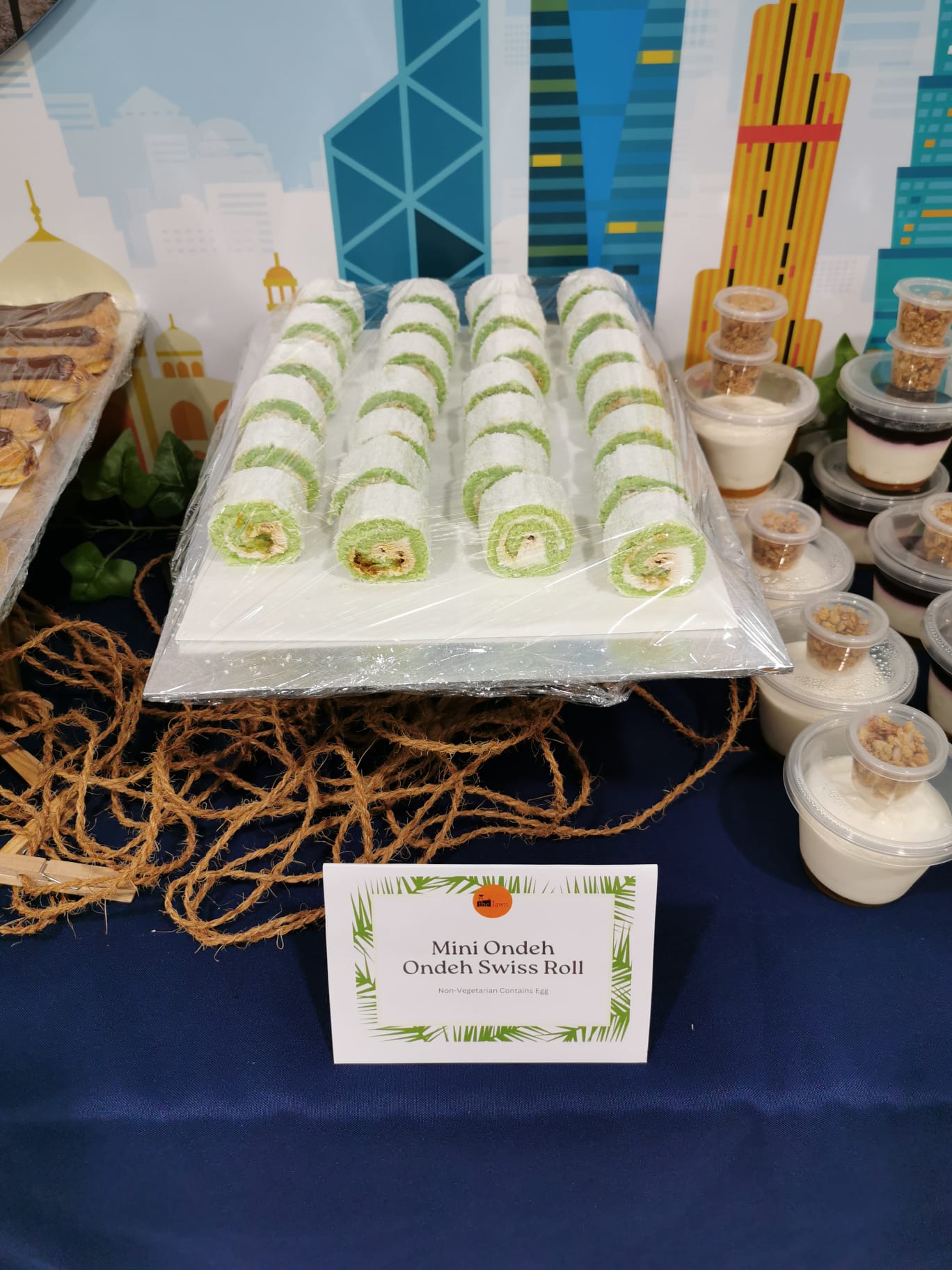 Mini ondeh ondeh swiss rolls at a Lawn event
